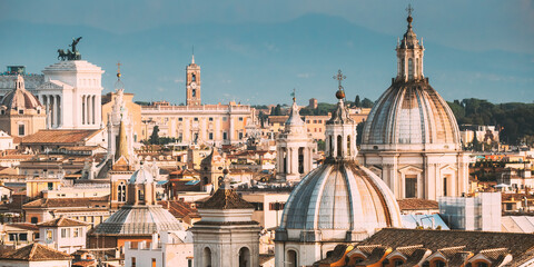 Obraz premium Rome, Italy. Cityscape With Such Famous Churches As Sant'agnese, Santa Maria Della Pace, St. Salvatore At The Laurels