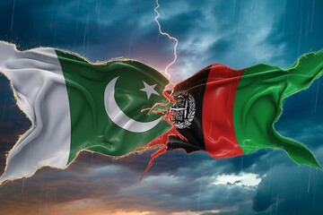 Pakistan and Afghanistan flags torn apart with lightning striking between them during a storm Pakistan flag