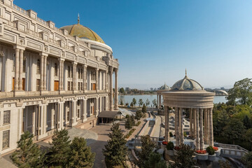 Majestic view of the Navruz Palace in Dushanbe, Tajikistan, featuring grand columns, domed...