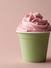 Pink soft serve ice cream in a pale green cup against a pink backdrop. A sweet, simple treat perfect for a summer day.