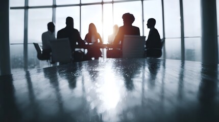 Business team collaborating around a conference table in a modern office with city view