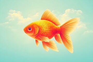 Vibrant Goldfish Swimming Gracefully Against a Soft Blue Sky with Fluffy Clouds in Bright Artistic Style