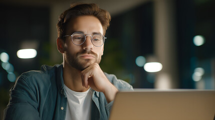 Focused Man Wearing Glasses Working On Laptop In Dimly Lit Office, Thoughtful UX Designer Concentrating On Digital Project At Night