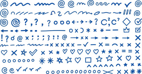 Fototapeta premium Blue Drawn Doodle Elements Marks Symbols Alphabet on White Paper, Decorative Line Art