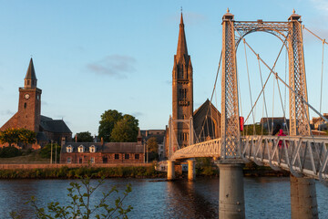 View to the Greig Street Bridge and Free North and Old high Church in Inverness.