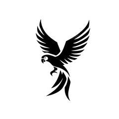 A stylized black parrot with outstretched wings and long tail feathers in flight