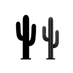Obraz premium A set of two saguaro cactus icons, one in a solid black silhouette style and one in a simple outline. This vector represents desert landscapes, nature, western themes, and arid plants. Isolated on whi