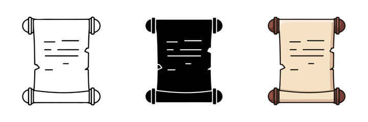 Vintage Scroll Paper Icons with Outline, Silhouette, and Color Variations