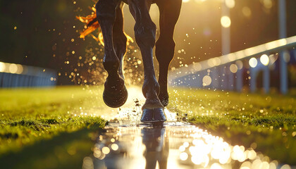 Galloping Horse in the Sunlight: The majestic form of a horse races through the sunlight, its powerful legs and hooves carving through water, showcasing its raw energy and athleticism.