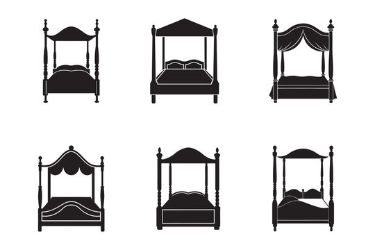 Collection of Silhouette Four Poster Beds Representing Classic Bedroom Furniture and Interior Design Elements in Black and White
