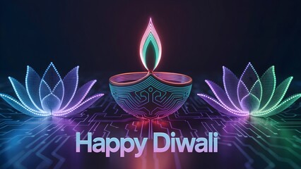 A futuristic Diwali celebration card for a tech company showcasing a mesmerizing diya crafted from intricate circuit lines and vibrant neon light patterns against a deep, dark digital background. 