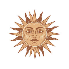 Human Faced Sun,Artisanal Sun Face Vector - Hand-Drawn, Block Print Texture, & Earthy Folk Art Graphic