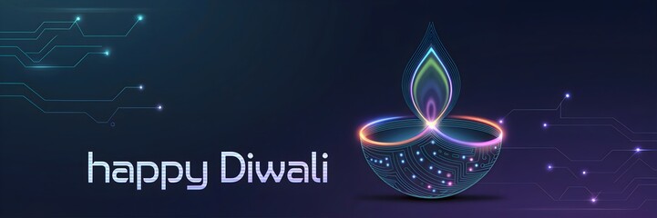 A futuristic Diwali celebration card for a tech company showcasing a mesmerizing diya crafted from intricate circuit lines and vibrant neon light patterns against a deep, dark digital background. 