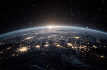 Fototapeta premium Earth from space at night illuminated city lights and sunlight horizon