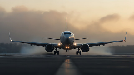 Naklejka premium Airplane landing on the runway at dawn. The nose of the airplane is centered as it approaches with its landing gear down.
