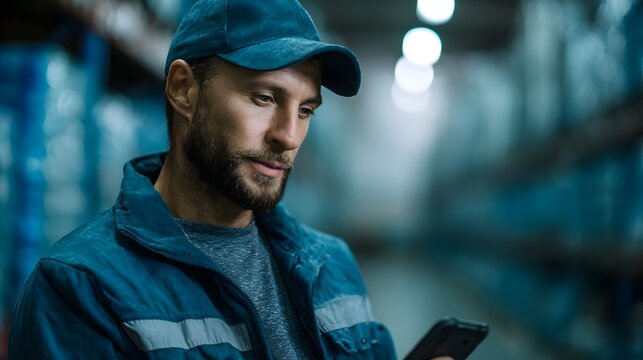 Warehouse worker uses smartphone for inventory management and logistics