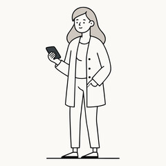 A minimalist illustration of a woman with blonde hair wearing a lab coat and pants, holding a smartphone in her hand.