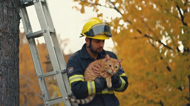 Firefighter saving a cat.