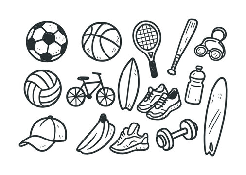 Doodle sports equipment collection: soccer, basketball, tennis, surfboard, bicycle, dumbbell