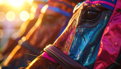 Equestrian Grace: Close-up shot showcases two majestic horses adorned in colorful tack, their eyes gleaming in the sunlight, a picture of equestrian elegance.