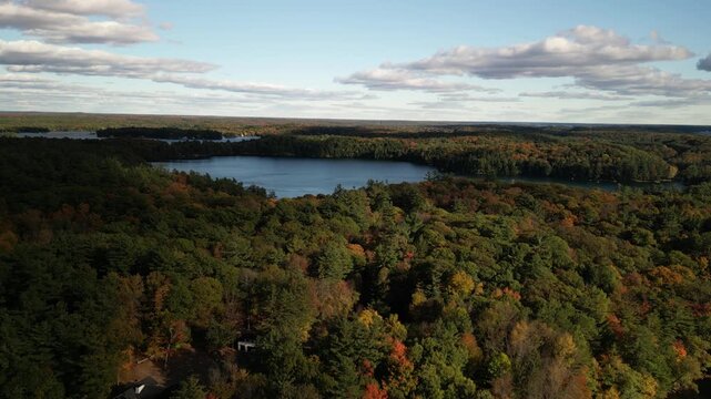 Aerial above Lake Rosseau in Port Carling Ontario Canada in fall