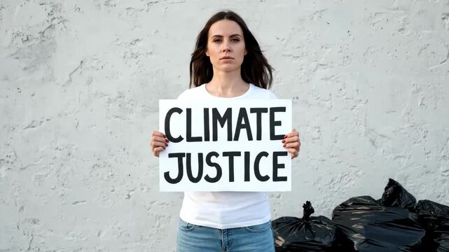 A determined young female activist with a serious expression holds a protest sign demanding climate justice while standing in front of a wall with black trash bags.

