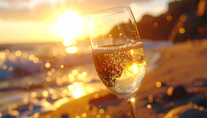 Golden Sunset Toast: A champagne glass, filled with sparkling bubbles, is held aloft, celebrating a perfect moment against the backdrop of a radiant sunset at the beach.