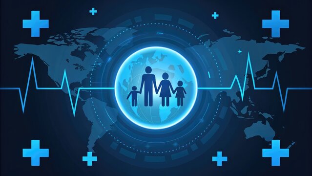 Global health and family care concept with family silhouette world map