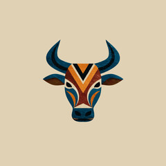 Stylized Bull Head with Geometric Patterns on Beige Background
