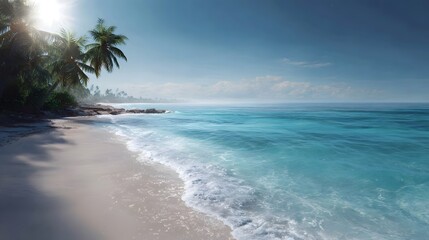 A pristine tropical beach with palm trees crystal clear turquoise ocean water and gentle waves under a bright sunny sky