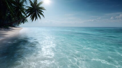 Idyllic tropical beach scene with clear turquoise ocean water palm trees and bright sunlight casting reflections on the gentle waves