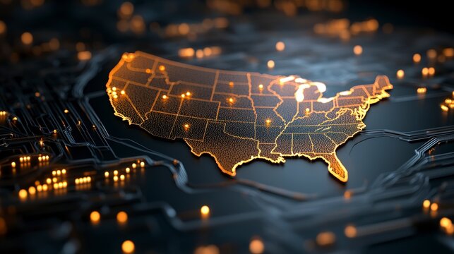 Detailed Illustration of a U.S. Map with Circuit Board Design and Glowing Nodes on Dark Background