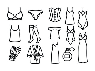 Set of women's lingerie and accessories line art illustration
