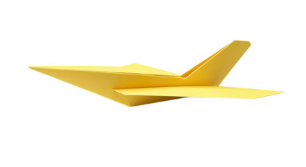 Yellow origami paper airplane with a sharp nose, against a black background