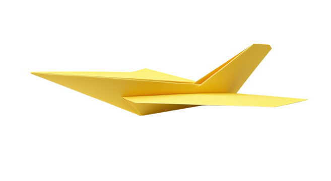 Yellow origami paper airplane with a sharp nose, against a black background