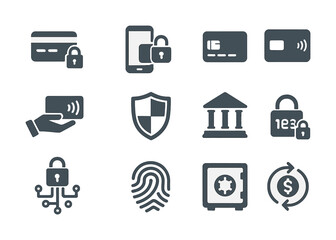 Secure payment icons: cards, mobile, lock, shield, bank, fingerprint, safe