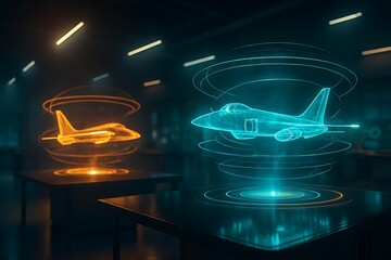 Explore futuristic aviation technology with captivating blue and orange airplane holograms, showcasing innovation and advanced engineering, perfect for science and technology themes