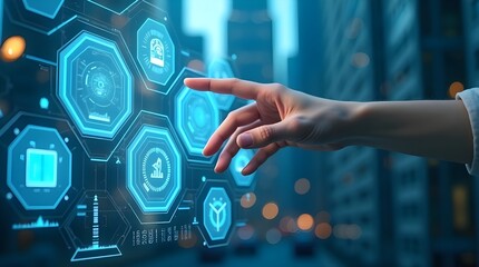 Futuristic Hand Touching Virtual Digital Interface Screen with Data Icons, Smart Technology, Innovation, Artificial Intelligence, Network Connection and Modern Business Visualization