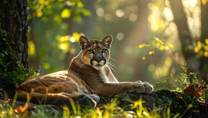 A large cat with tan fur rests on a mossy log, its gaze directed towards the viewer. Sunlight streams through the green foliage, creating a golden glow