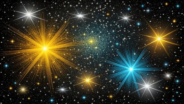 Vibrant nebula with two bright star clusters, one yellow and one blue, against backdrop of countless stars