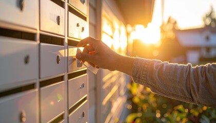 Person checking mail in mailbox at early dusk evening light