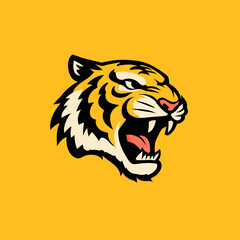 Aggressive Tiger Roaring with Mouth Open on Yellow Background