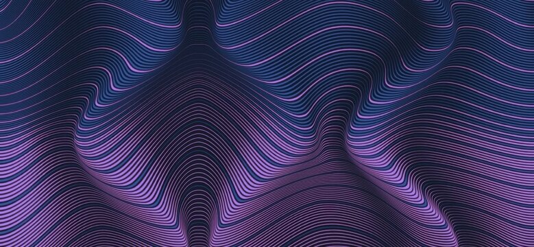 Luminous Purple and Blue Lines Flowing Over a Dark, Warped Digital Topography
