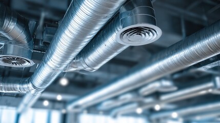 Awesome photo of air conditioning ductwork and vents in a modern office building interior.