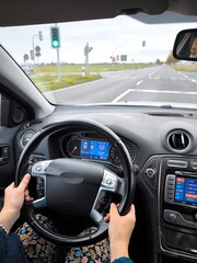A Ford Mondeo with a woman's hands on the steering wheel drives along an autumn country road.