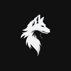 Naklejka premium Modern White Wolf Head Silhouette Profile Logo - Fierce Wild Animal Icon on Dark Background, Minimalist Vector Design
