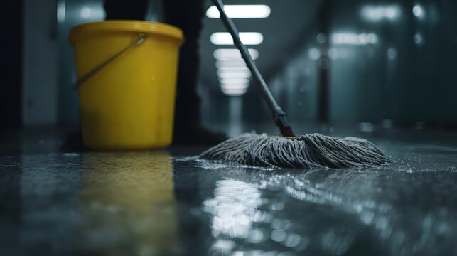 A janitor s mop cleans a wet floor in a dimly lit hallway with a yellow bucket nearby