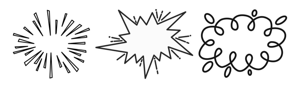 Hand drawn comic burst set: radial rays, jagged starburst and doodle cloud. Black vector explosion and speech bubble elements for comics, pop art posters, stickers, and graphic design elements