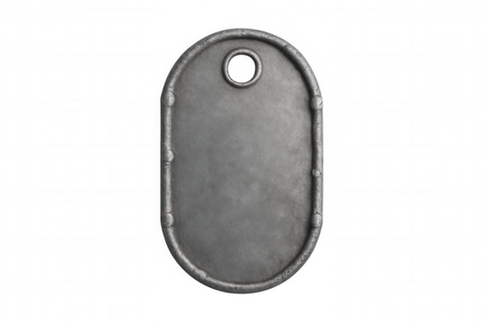 Military dog tag emblem showing blank metal surface, rustic steel identification with key ring hole, transparent background