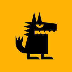 Black monster with sharp teeth and yellow eye on orange background